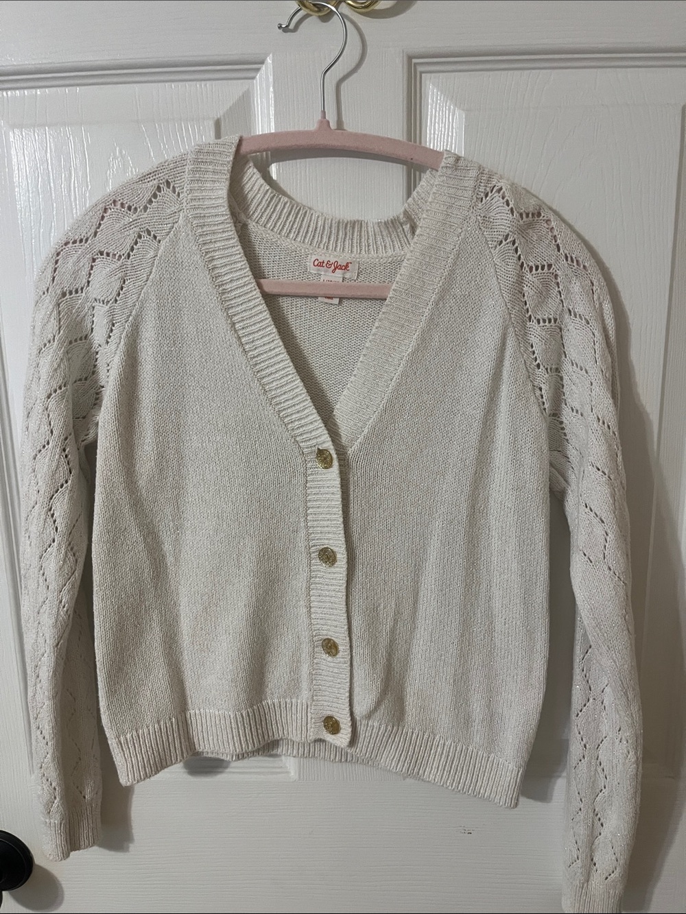 Cat & Jack Cream Open-Knit Sleeve V-Neck Cardigan